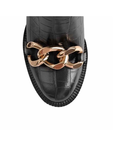 Stone Black Metal Chain Platform Zipper Chunky Heels Ankle Boots