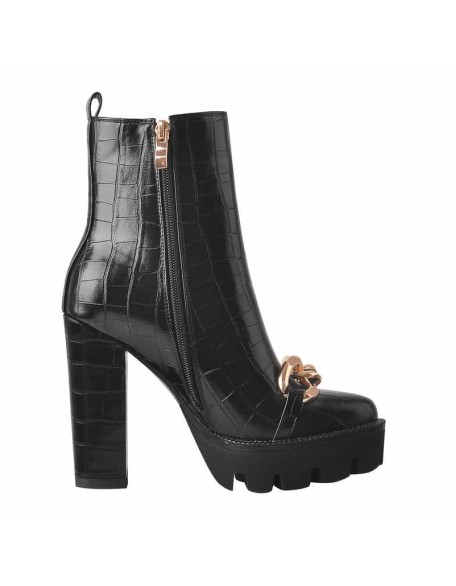 Stone Black Metal Chain Platform Zipper Chunky Heels Ankle Boots
