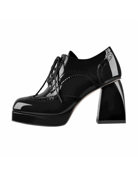 Patent Black Red Square Toe Lace Chunky Heels Pumps