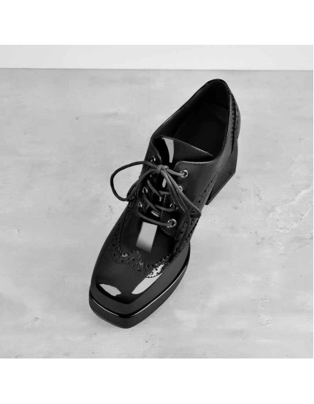 Patent Black Red Square Toe Lace Chunky Heels Pumps