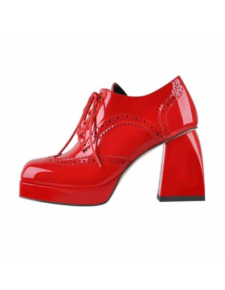 Patent Black Red Square Toe Lace Chunky Heels Pumps