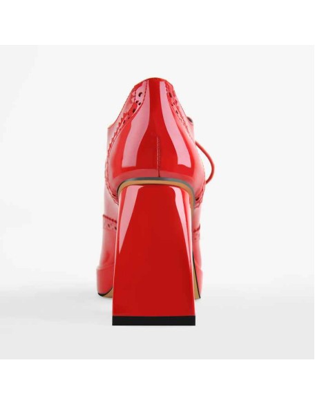 Patent Black Red Square Toe Lace Chunky Heels Pumps