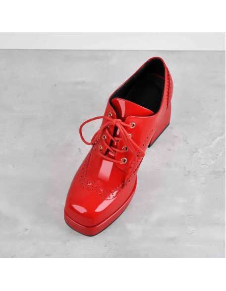 Patent Black Red Square Toe Lace Chunky Heels Pumps