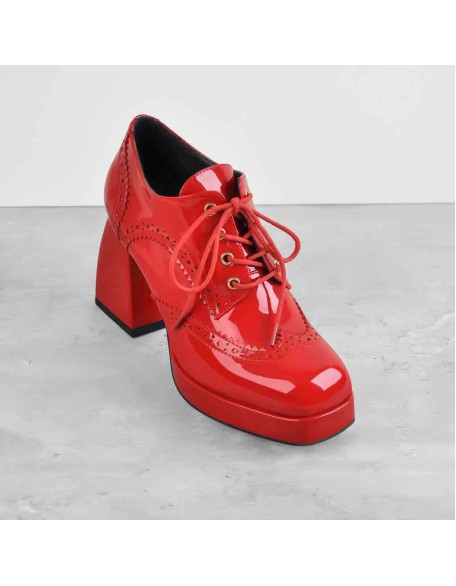 Patent Black Red Square Toe Lace Chunky Heels Pumps