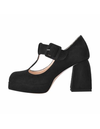 Square Toe T-Type Black Chunky Heels Pumps