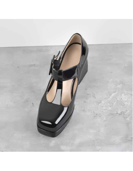 Square Toe T-Type Black Chunky Heels Pumps