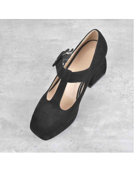 Square Toe T-Type Black Chunky Heels Pumps