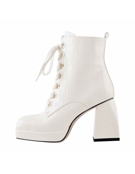 Black White Stone Square Toe Lace Zipper Chunky Heels Ankle Boots