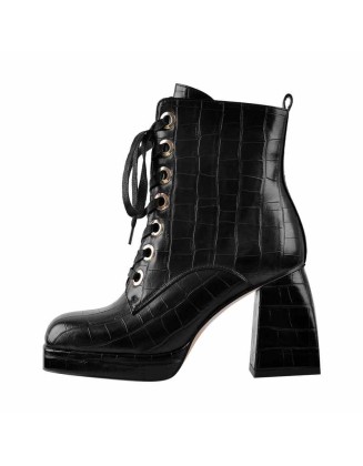 Black White Stone Square Toe Lace Zipper Chunky Heels Ankle Boots