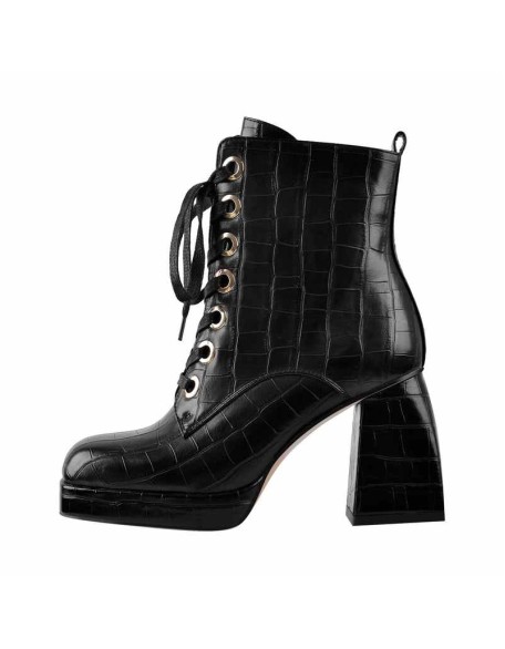 Black White Stone Square Toe Lace Zipper Chunky Heels Ankle Boots