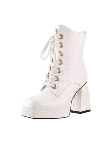 Black White Stone Square Toe Lace Zipper Chunky Heels Ankle Boots