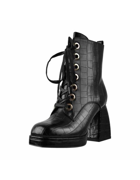 Black White Stone Square Toe Lace Zipper Chunky Heels Ankle Boots