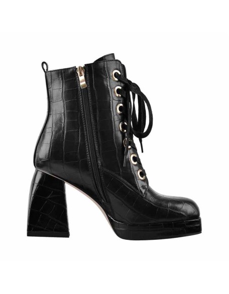Black White Stone Square Toe Lace Zipper Chunky Heels Ankle Boots