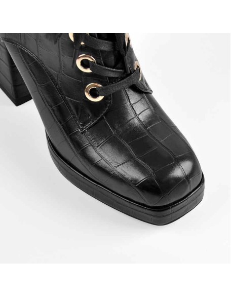 Black White Stone Square Toe Lace Zipper Chunky Heels Ankle Boots
