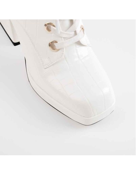 Black White Stone Square Toe Lace Zipper Chunky Heels Ankle Boots
