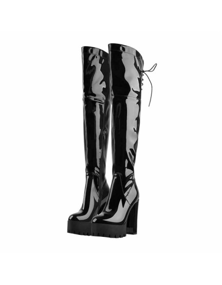 Patent Black Platform Lace Up Chunky Heels Knee High Boots