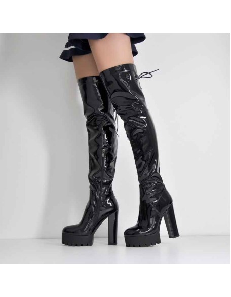 Patent Black Platform Lace Up Chunky Heels Knee High Boots