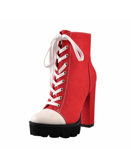 Platform Lace Up Canvas Chunky Heel Boots