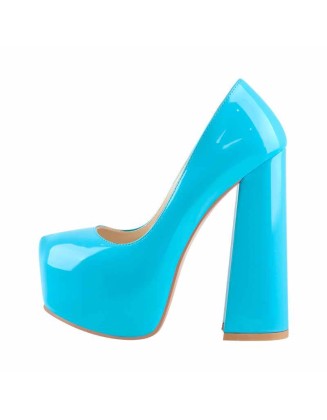 Platform Round Toe High Heel Slip-On Blue Pumps