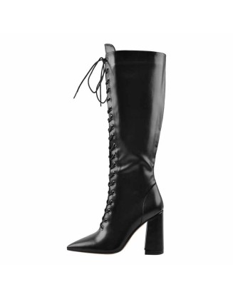 Pointed Toe Black Lace Up Zipper Knee High Chunky Heel Boots