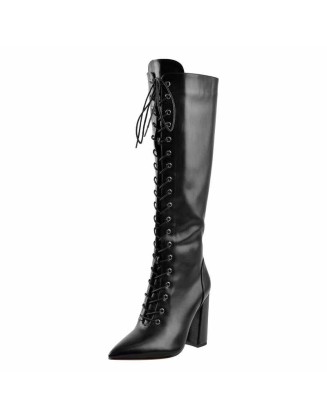 Pointed Toe Black Lace Up Zipper Knee High Chunky Heel Boots