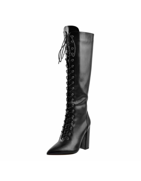 Pointed Toe Black Lace Up Zipper Knee High Chunky Heel Boots