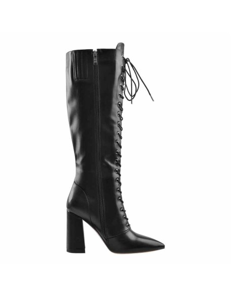 Pointed Toe Black Lace Up Zipper Knee High Chunky Heel Boots