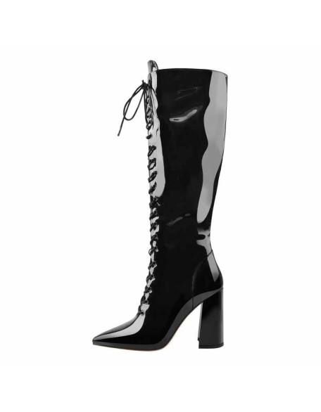 Pointed Toe Black Lace Up Zipper Knee High Chunky Heel Boots