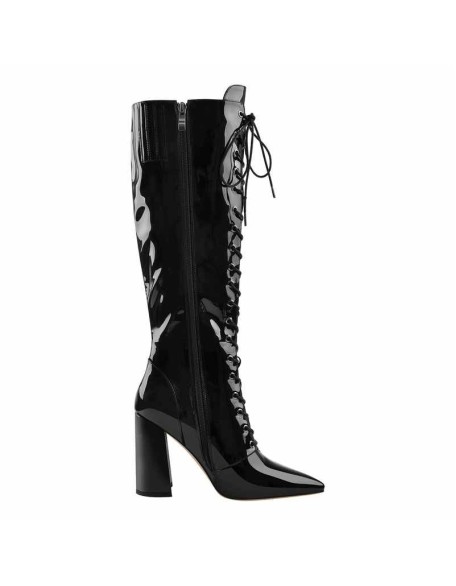 Pointed Toe Black Lace Up Zipper Knee High Chunky Heel Boots