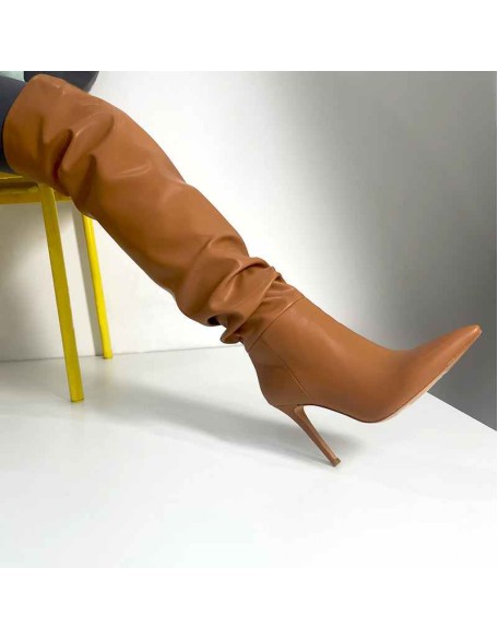 Brown Pointed Toe Stiletto Tight High Boots 10CM Heel