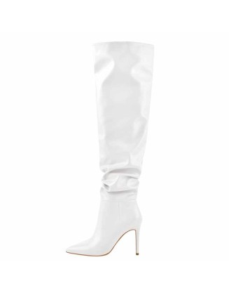 White Pointed Toe Stiletto Tight High Boots 10CM Heel