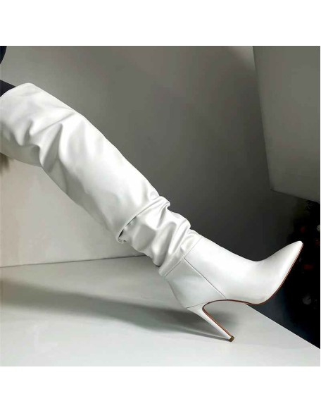 White Pointed Toe Stiletto Tight High Boots 10CM Heel