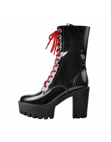 Patent Black Platform Chunky Red Lace Chunky Heel Ankle Boots