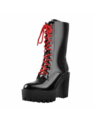 Patent Black Platform Chunky Red Lace Chunky Heel Ankle Boots