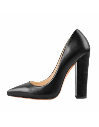 Matte Black Elegant Classic Pointed Toe Pumps Chunky Heels