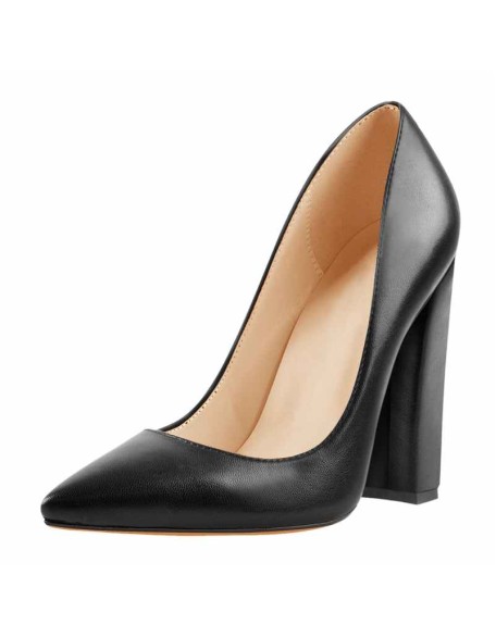 Matte Black Elegant Classic Pointed Toe Pumps Chunky Heels