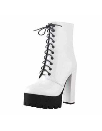 Lace Up White Platform Chunky Heels Zipper Boots