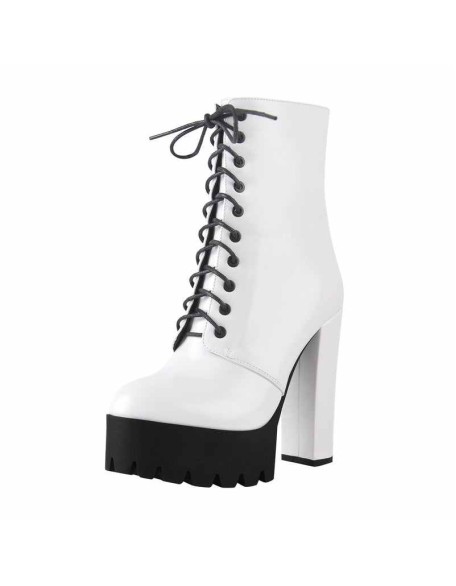 Lace Up White Platform Chunky Heels Zipper Boots