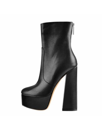 Round Toe Matte Black Platform Chunky Heels Ankle Zipper Boots