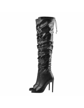 Black Open Square Toe Knee High Stiletto Zipper Boots
