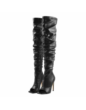 Black Open Square Toe Knee High Stiletto Zipper Boots