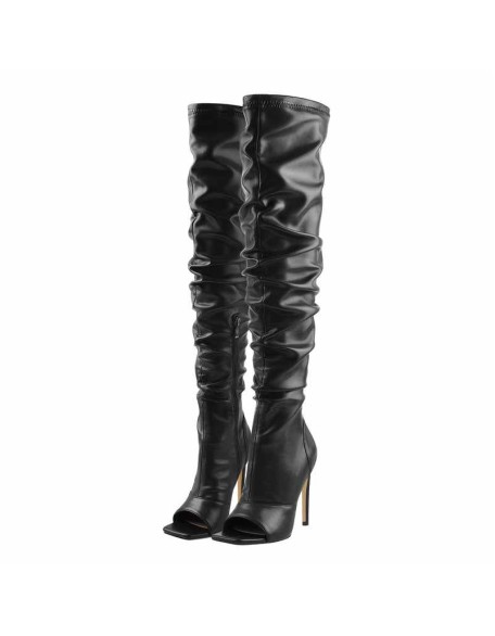 Black Open Square Toe Knee High Stiletto Zipper Boots