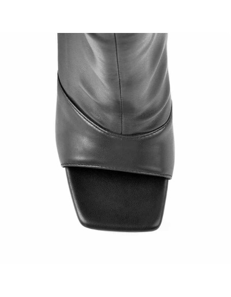 Black Open Square Toe Knee High Stiletto Zipper Boots