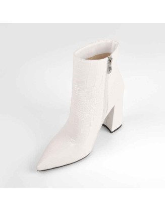 White Stone Pointed Toe Ankle Zipper Boots