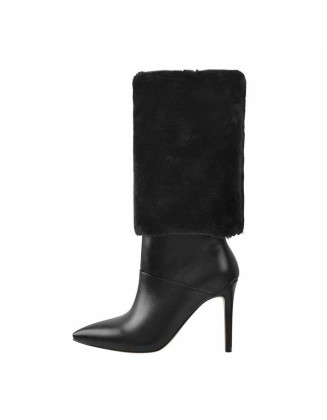 Downy White Black Pointed Toe High Heel Stiletto Boots