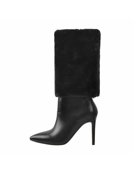 Downy White Black Pointed Toe High Heel Stiletto Boots
