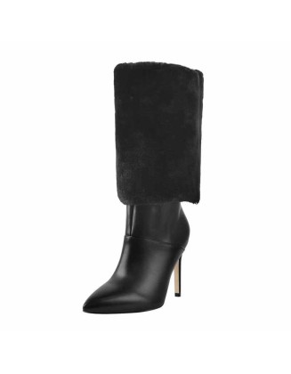 Downy White Black Pointed Toe High Heel Stiletto Boots