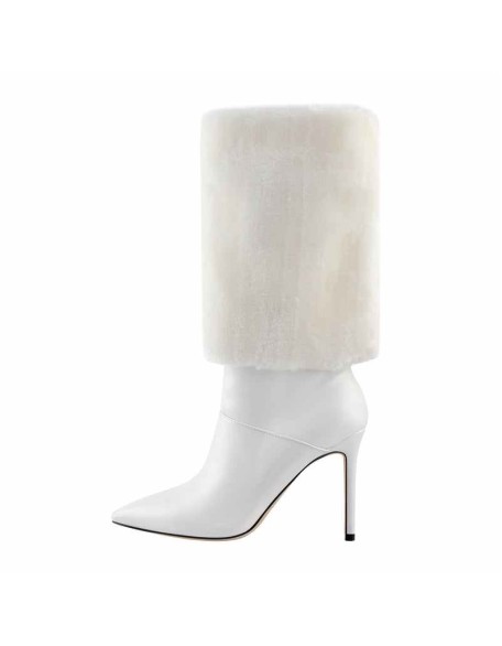 Downy White Black Pointed Toe High Heel Stiletto Boots