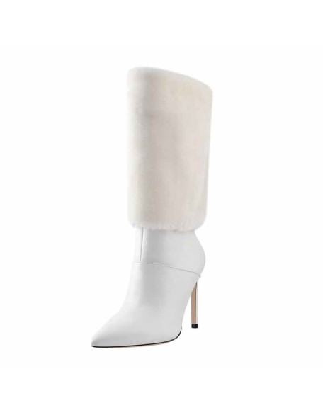Downy White Black Pointed Toe High Heel Stiletto Boots