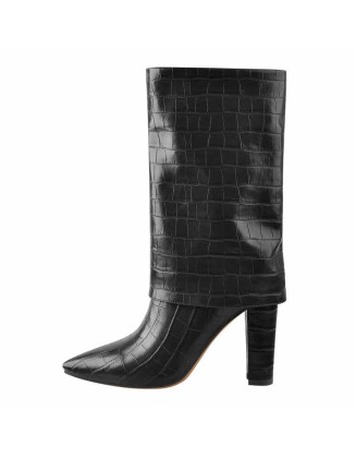 Black Brown Pointed Toe Stone Chunky Heels Winter Boots